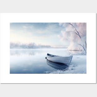 Lake Boat In Winter Serene Landscape Posters and Art